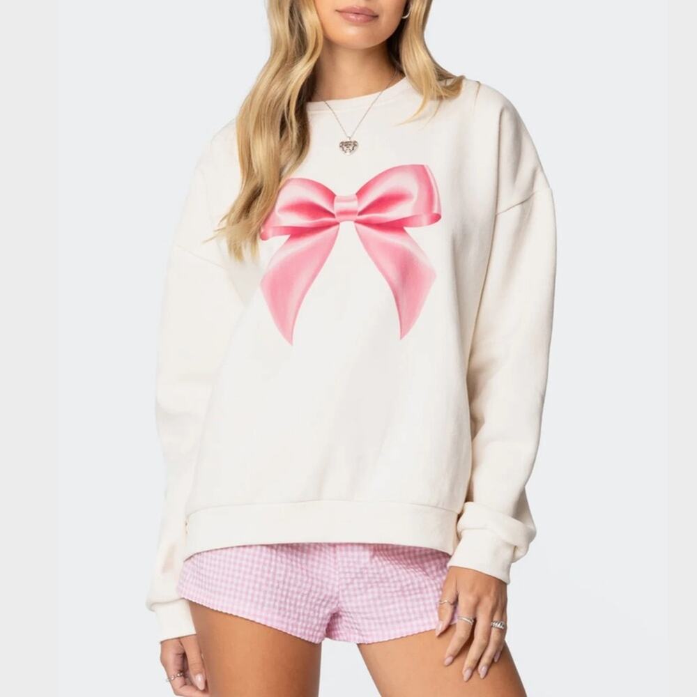 Edikted Cream Bow Brat Printed Sweatshirt NWOT XL